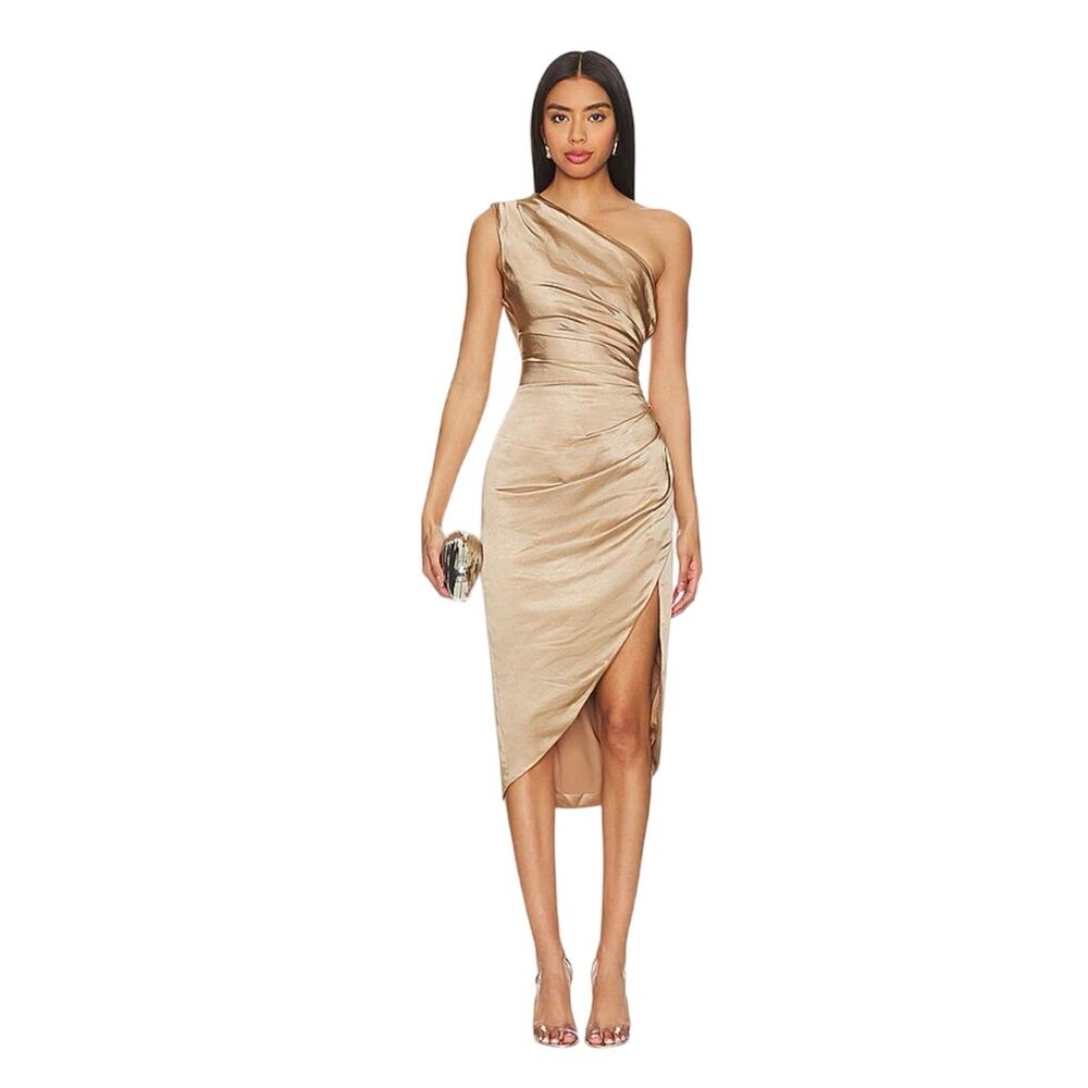 Elliatt Cassini One Shoulder Satin Midi Dress Gold NWT Medium